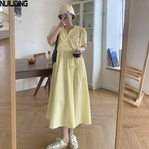 Korea Pure Cotton Breathable Dresses Women Short Sleeve Solid V-Neck Button A-Line Dress Female Pleaterd Plus Size 4XL Loose New
