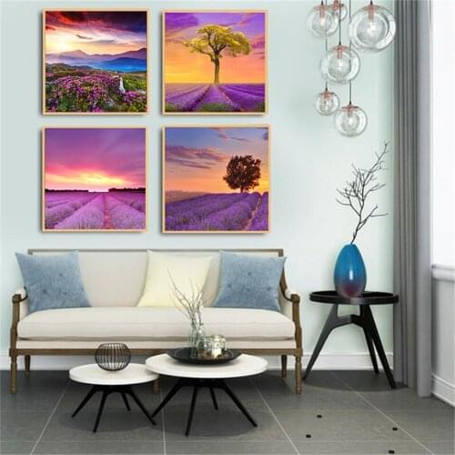 Beautiful Landscape Sunrise Lavender France Home Decoration Painting Wall Pictures for Living Room Paris Girl Room Decoration