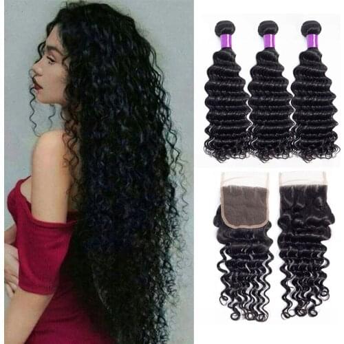 Liddy Bundles With Closure Brazilian Deep Wave Hair Bundles With Closure 100% Human Hair Natural Color Non-remy Hair Extensions
