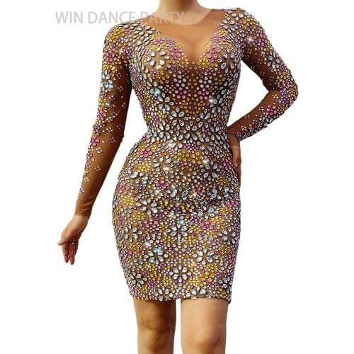 Multicolor Fleshcolor Rhinestone Mesh Dress Sexy Naked wrap Hip Performance Costumes Women Evening Stage Dresses