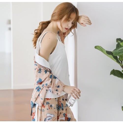 Autumn New Hawaiian Style Ladies Three-piece Pajamas, Comfortable and Breathable Cotton Silk Contrast Color Lapel Home Service