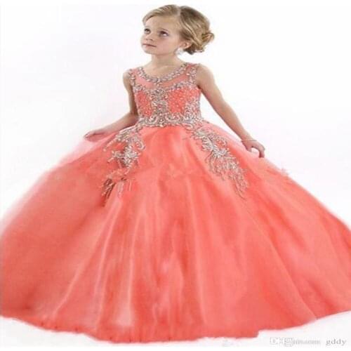 3D Floral Appliques Pearls Flower Girl Dresses Backless Sheer Neck Tulle Little Girls Pageant Birthday Gowns