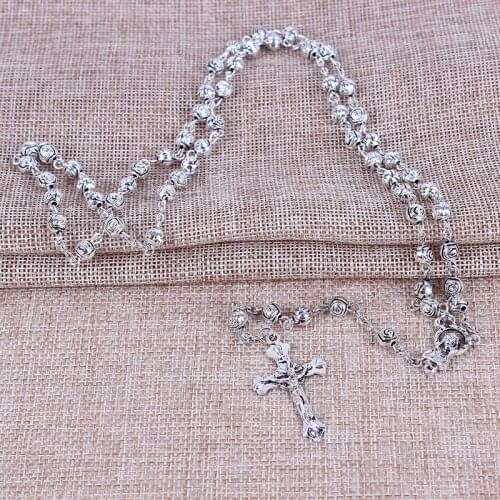Retro Jesus Cross Rose Long Necklaces CCB Beads Pendant Rosary Necklace Stylish Christian Men Mala Jewelry