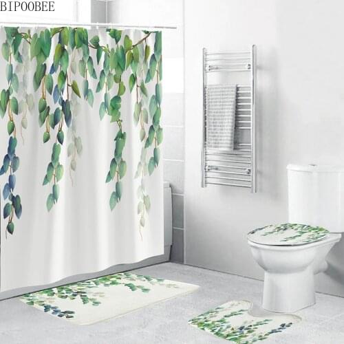 Green Leaf Strips Bathroom Curtains Natural Plants Printed Toilet Cover Anti-slip Carpet Pedestal Rug Bath Mat Shower Curtain