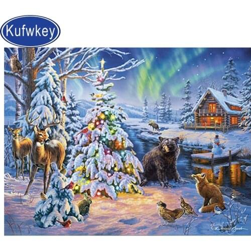Snow house diamond embroidery deer bear elk diamond painting full square round cross stitch set mosaic animals Christmas decor