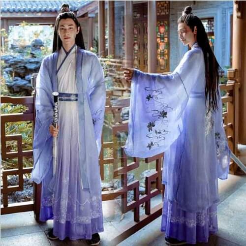Chinese Traditional Embroidery Hanfu Men&Women Couples Carnival Cosplay Costume Gradient Blue Hanfu Jacket For Couples Plus Size