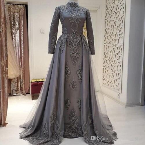 Grey Appliques Long Sleeve Muslim Evening Dresses High Collar A Line Formal Party Gowns Robe De Soiree