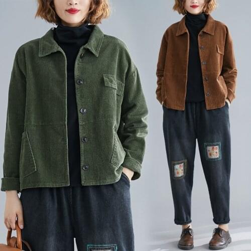 Corduroy Short Jacket Coat Womens 2020 Spring Autumn Vintage Pocket Loose Single-breasted Top Outerwear Baseball Clothes