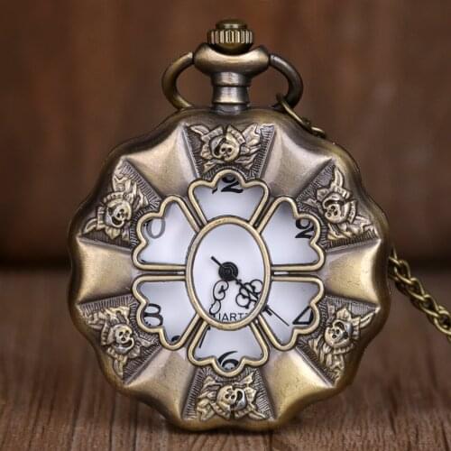 Vintage Steampunk Bronze Flower Hollow Quartz Pocket Watch Retro Necklace Pendant with Chain Men Women Pocket&Fob Watch Gift