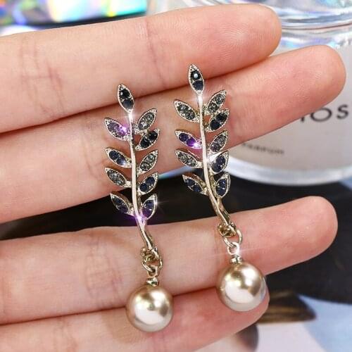 Vintage Simple Temperament Earrings Rhinestone Crystal Pearl Earrings Personality Leaves Long Dangle Earrings for Women Jewelry