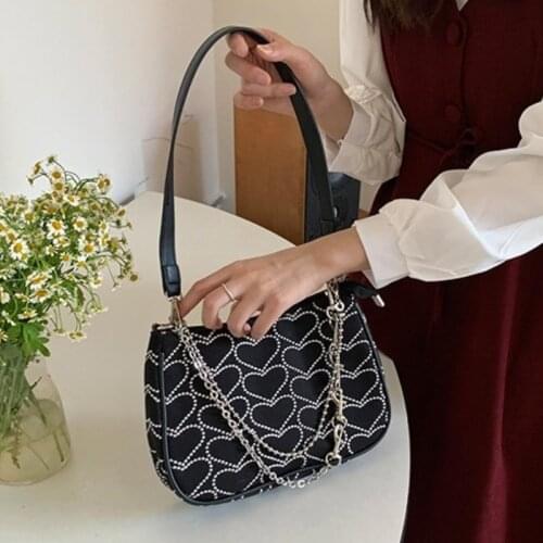 Retro Heart Womens Chain Shoulder Bags Sweet Cool Girls Hobos Underarm Bag Fashion Female Y2k Tote Purse Handbags Crossbody Bag