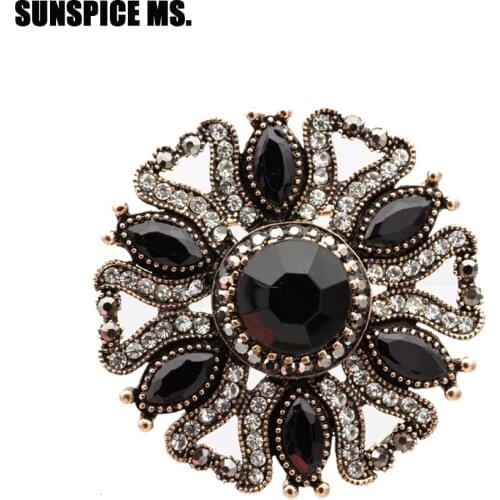 Sunspicems Bohemia Vintage Brooch for Women Resin Round Crystal Scarf Pins Jewelry Antique Gold Color Turkey Design Banquet Gift