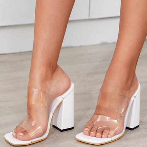 Ladies Summer High Heels Sandals Square Toe Block Heels Mules Slippers Fashion PVC Transparent Heels Sexy Party Shoes For Women