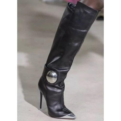 Leather Pointed Toe Winter Shoes Woman Sexy Thin High Heels Party Boots Black Silver Metal Toe Matte Genuine Leather Zipper