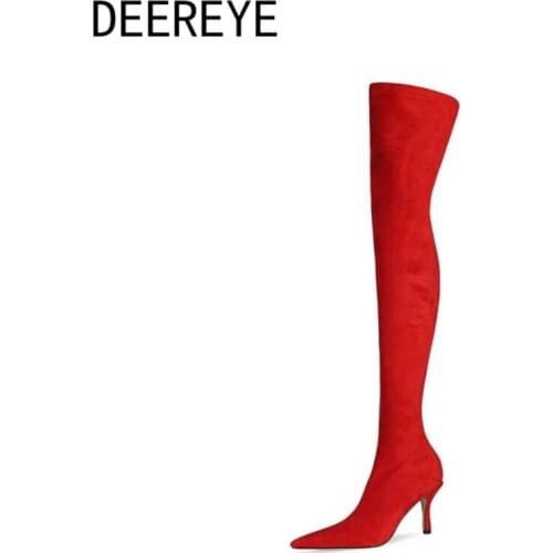 Elegant Womens Red Long Over The Knee Thigh High Boots Pointed Toe Stiletto Medium Heel Slip-on Shoes Winter 2021 Size 34-45