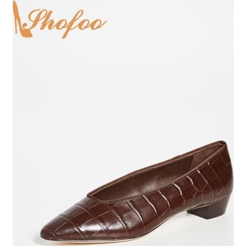 Chocolate Croc Textured Low Chunky Heels Round Toe Pumps Woman Ladies Autumn Office Fashion Mature Shoes Large Size 13 15 Shofoo