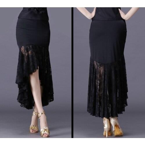 2020 New sexy Latin dance skirts women black lace skirt irregular fish tail skirt long ballroom dance dress