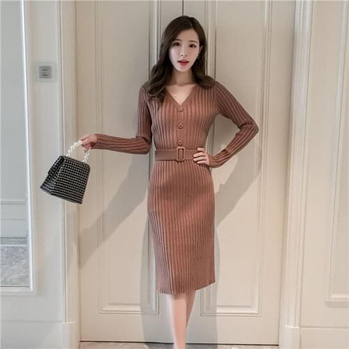 Woman Knitting Pullover Sweater Midi Dress Female Base Long Buttoned Belt Dress Female V-neck Slim Bodycon Dress Autumn Winter