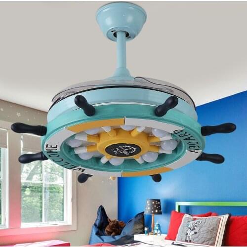 2019 36inch 42inch LED Cartoon creative rudder remote control invisible ceiling fan lamp childrens room with electric fan boy