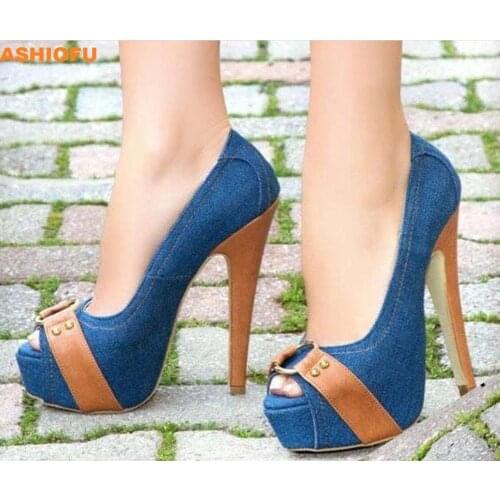 ASHIOFU Handmade Womens High Heel Pumps Denim Leather Peep-toe Party Prom Dress Shoes Slip-on Dailywear Fashion Court Shoes