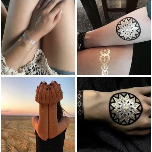Flash Metallic Waterproof Temporary Tattoo Gold Silver Tatoo Women Henna Flower Taty Indian Arabic Tattoo Sticker