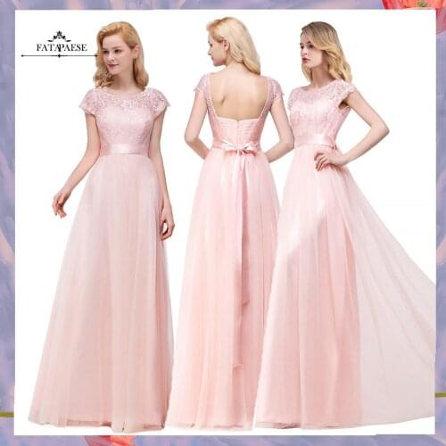 Pink Tulle Long Evening Dress 2019 Elegant A line Formal Party Gown Sleeved Backless Lace Applique robe de soiree