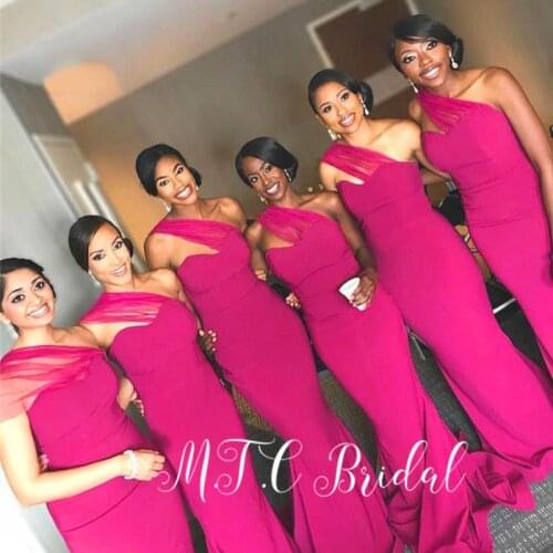 Fuchsia Wholesale African Bridesmaid Dresses 2019 One Shoulder Floor Length Elastic Satin Mermaid Maid Of Honor Dress Cheap
