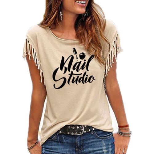 Beauty Salon Nail Art Manicure Pedicure T-Shirt Women Loose Cotton Short Sleeve Female T-shirts Fashion Tassel Casual T-shirt