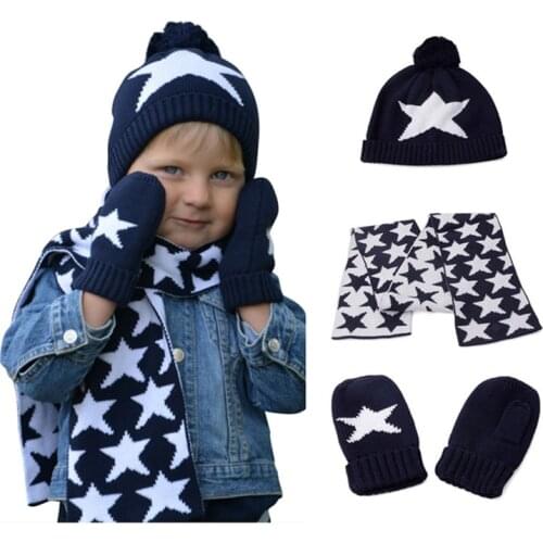 Boys girls knitted hat scarf and glove set children fall winter fashion kids navy blue star print 3 pieces sets christmas gift