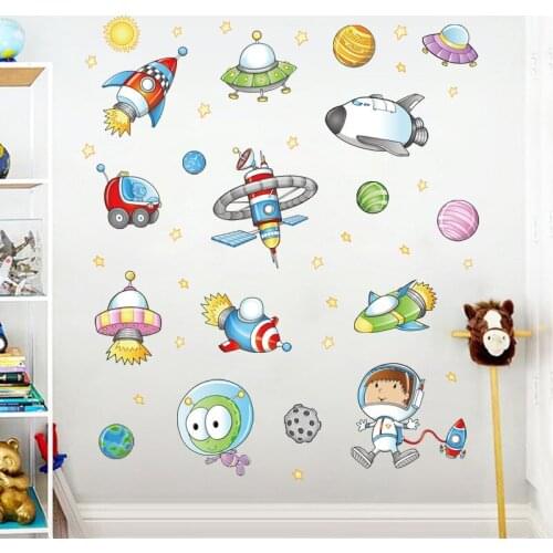 Space astronaut cartoon wall sticker kids room outer space planet galaxy rocket ship decorative wall stickers for children rooms