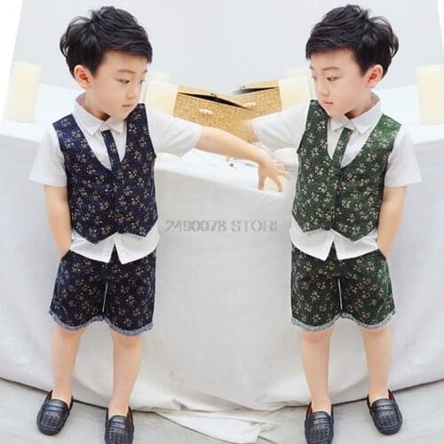 Flower Boys Formal Ceremony Suit Vest +Shorts 2pcs Kids Wedding Birthday Dress Set Children Piano Prom Dance Performance Costume