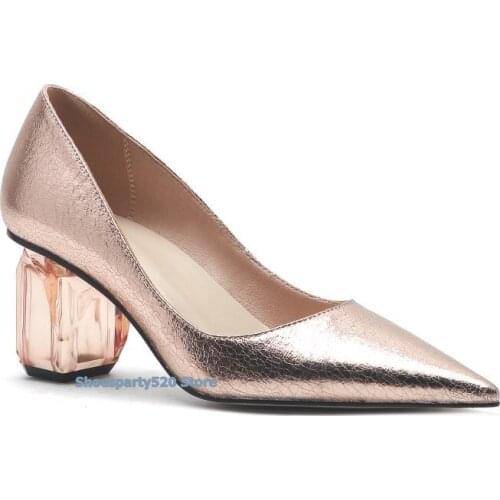 Retro Leather Chunky Heeled Pumps Pointed Toe Designer Slip On High Heel Shoes