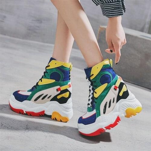 Fashion Sneakers Women Genuine Leather Platform Wedge Ankle Boots Lace Up Punk Goth High Heel Oxfords Punk Creeper Shoes 34 -39