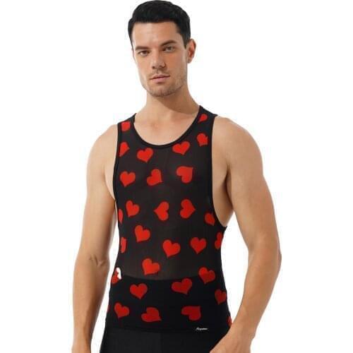Summer Streetwear Men Underwear Fashion Heart Print See-Through Mesh Tank Top Breathable Round Neck Sleeveless T-shirt Vest Tops
