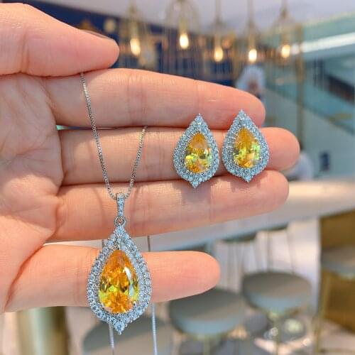 Megin D White Gold Yellow Drop Stone Luxury Zircon Vintage Boho Retro Pendant Collar Necklace Stud Earring Jewelry Set for Women