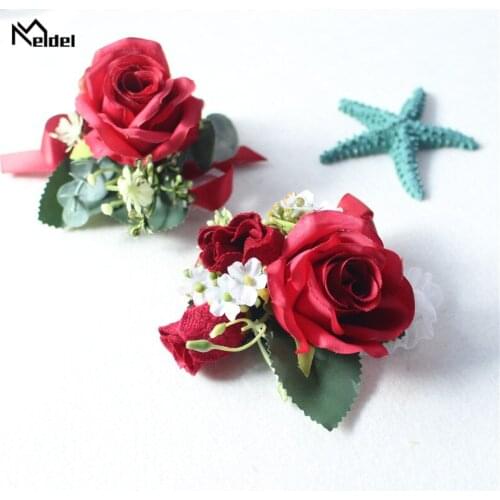 Meldel Corsage Bracelet Boutonniere Pin Marriage Wedding Corsage Bracelet Bridesmaids Flowers Wedding Brooch Corsage Red Flowers