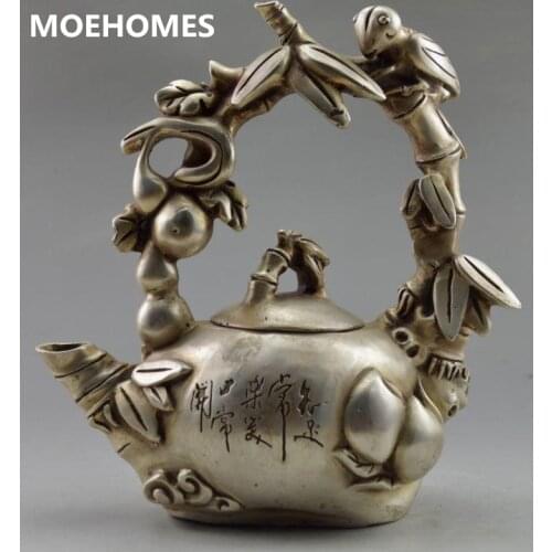 MOEHOMES Asia Collectible Decorated Tibet Silver Carve Bird On Grape Tree home decoration Metal crafts Tea Pot