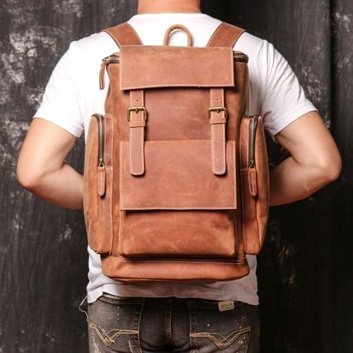 Retro Simple Crazy Horse Leather Mens Backpacks High Quality Anti Theft Genuine Leather Travel Laptop Bagpack Bookbags