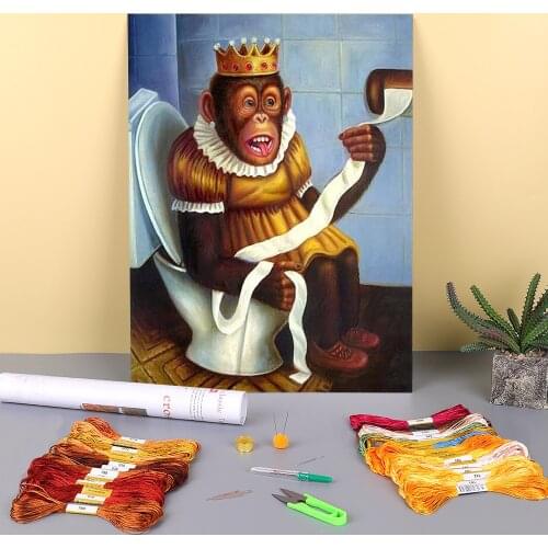 Toilet Monkey Fat Lady Printed 11CT Cross Stitch Set Embroidery DMC Threads Painting Sewing Handiwork Knitting Room Stamped