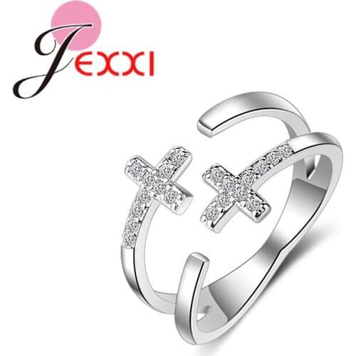 Latest 925 Sterling Silver Free Size Rings Shiny CZ Zircon Stones Double Cross Rhinestones Party Jewelry for Women Femme