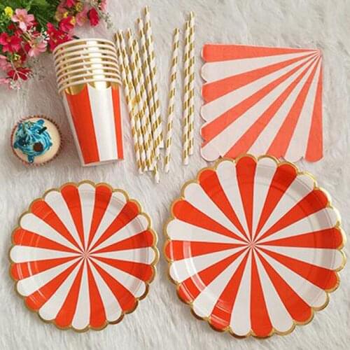 Disposable Paper Tableware sets Striped For Wedding Decor Girl Boy Birthday Party Baby Shower Paper Plates Paper Drinking Straws