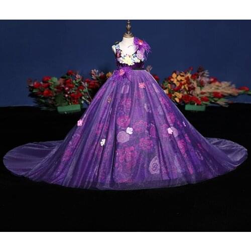 Flower Girl Dresses Illusion V-Neck Sleeveless Tulle Lace Appliques Crystal Princess Floor-Length Purple Kids Party Gown H570