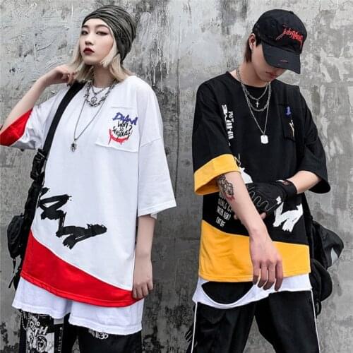 High Street Casual Patchwork Hit Color Funny T-Shirt Hong Kong Style Oversized All-Match Fashion Unisex Clothes Personality Top