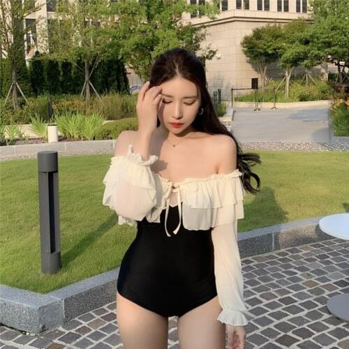 Sexy Off Shoulder Swimwear Ruffle Cute Swimsuit Patchwork Bathers Push Up Beach Wear Mesh Long Sleeve Monokini Korea One Piece