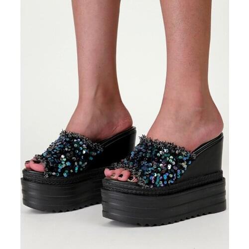 Platform Slides Women Designer Sequins Wedge Platform High Heels Sandals Women 2021 Wedge Heels Sandals Summer Beach Sandals