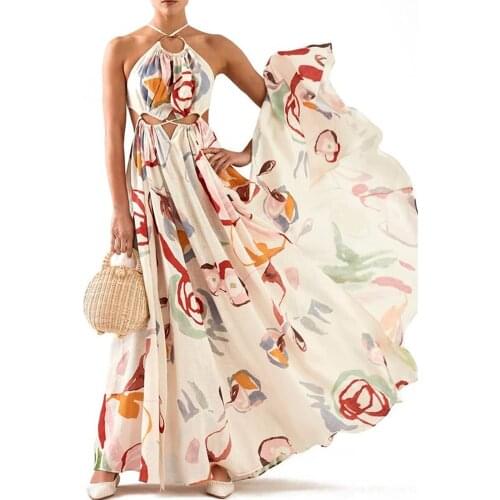 Sling Stitching White Print Long Skirt Beach Dress Womens Summer Beach Dress Sexy Maxi Skirt Sling Dress