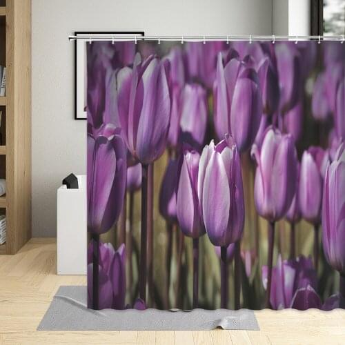 Purple Tulip Flower Pastoral Bathroom Decor Screens Floral Plant Gardening Shower Curtain Waterproof Bath Curtains With Hooks