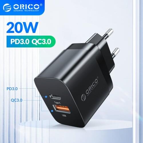 ORICO PD 20W Dual Ports USB Fast Charger Type-C USB-A for iPhone Samsung Xiaomi Cell Phone Tablet Quick Charger Charging Station