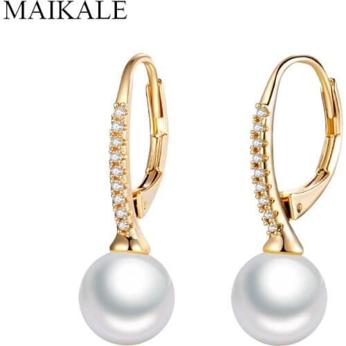 MAIKALE Simple 585 Rose Gold Inlay Cubic Zirconia Dangle Long Earrings Hanging Pearl Drop Earrings for Women Jewelry Brincos