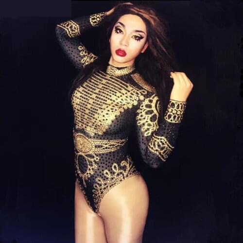 Black Gold Bright Crystals Sexy Bodysuit Women Singer DJ DS Rock Performance Nightclub Show Pole Dancing Stage Wear Party Outfit